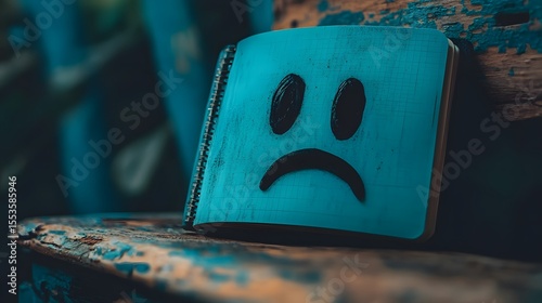 Sad face drawing on notebook page emotional concept writing journal depression expression feelings art