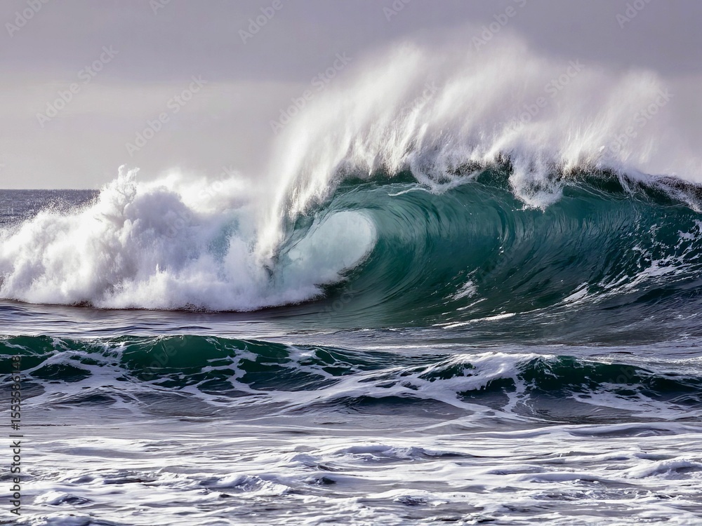 Obraz premium Powerful ocean wave crashing with white foam under cloudy sky