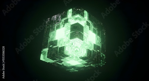Surreal floating uranium cube in dark space, eerie green glow, sci-fi mystery, cinematic lighting.