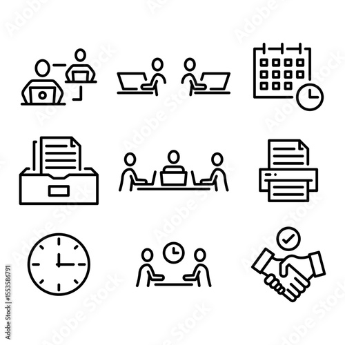 Office Teamwork Illustration in Linear Style. Business Collaboration and People Working Together