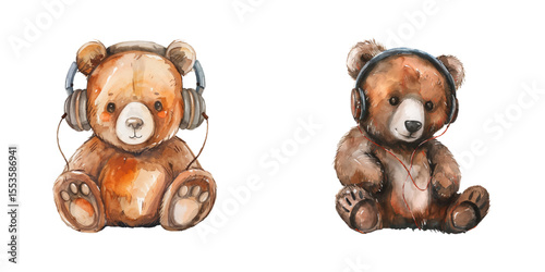 bear wearing headphone watercolor vector illustration
