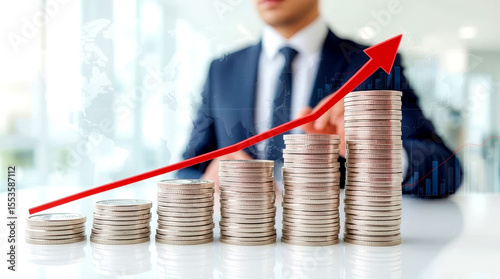 Global financial growth and investment. In the foreground, a row of progressively taller stacks of silver coins extends from left to right. Overlaying the scene is a prominent red line graph