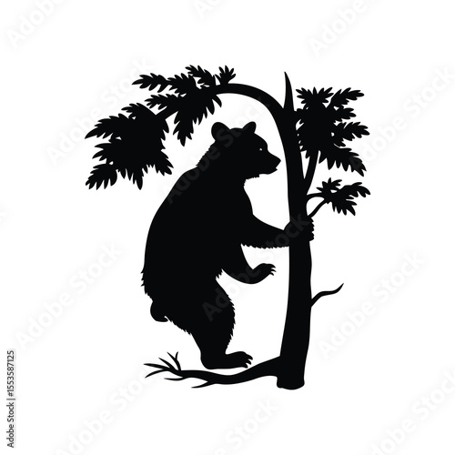 Silhouette of a bear climbing a tree with dense foliage, black design
