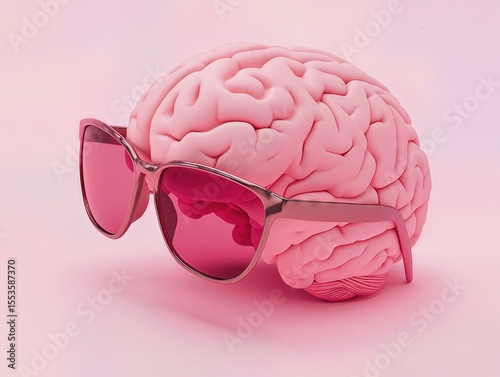 Pink Brain Wearing Sunglasses on a Soft Pink Background