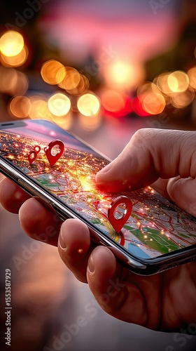 Close-up of hand holding smartphone with glowing map with location markers on blurred background