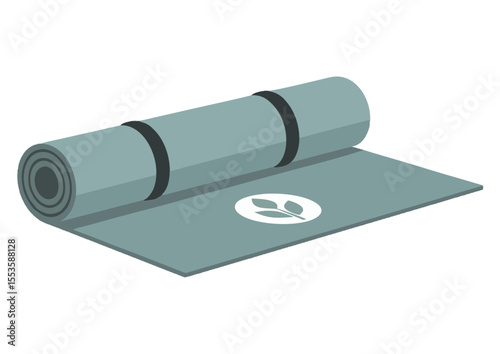 rolled yoga mat with leaf symbol and straps illustration copy space