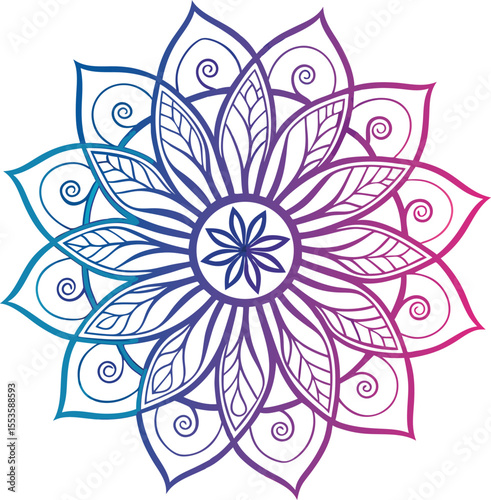 Floral Mandala in Gradient Colors: A beautiful mandala with gradient color radiates a sense of peace and harmony. The intricate design, centered around a floral motif, captures the essence of balance.