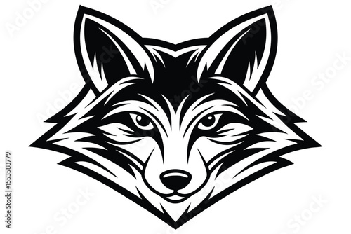 Black and white fox head shows an angular tribal logo face directly