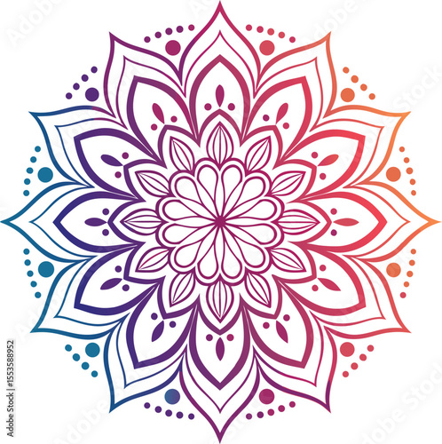 Vibrant Mandala: A colorful and detailed mandala illustration, featuring intricate patterns and a gradient of hues, embodies tranquility, spirituality, and artistic expression.