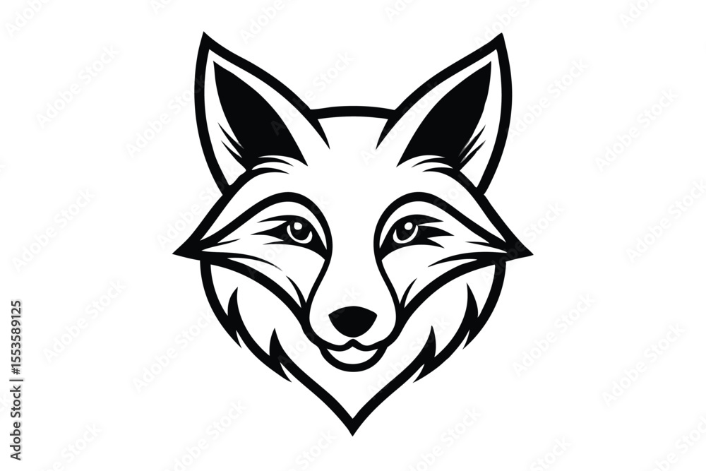 Fototapeta premium A black and white fox head stares forward with simple, bold lines