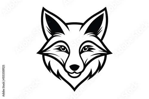 A black and white fox head stares forward with simple, bold lines