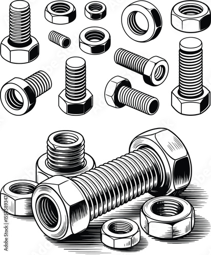 Isometric Vector Set of Bolts, Nuts, and Screws, Engineering Fasteners Illustration.