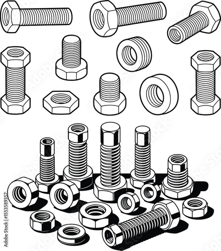 Isometric Vector Set of Bolts, Nuts, and Screws, Engineering Fasteners Illustration.