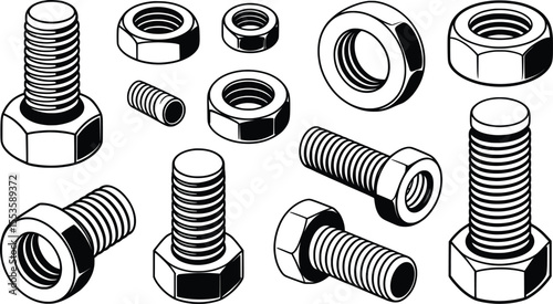 Isometric Vector Set of Bolts, Nuts, and Screws, Engineering Fasteners Illustration.