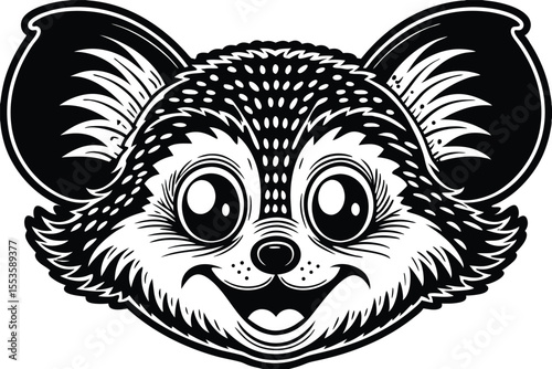 Bold black and white art presents the cheerful cartoon face of an opossum