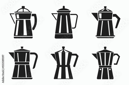 coffee pot icon set, glass carafe vector, kitchen appliance silhouette, black white illustration, hot drink symbol
