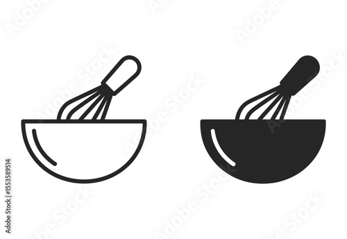 Simple black and white icons of a whisk in a bowl for cooking