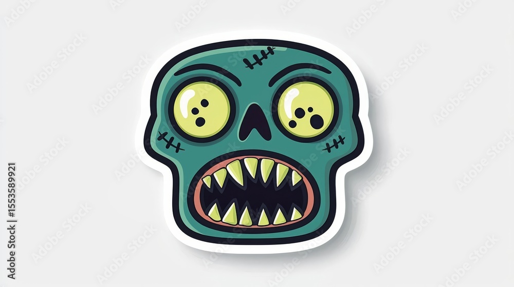 Fototapeta premium A vibrant and playful zombie face illustration with exaggerated features and colorful eyes.