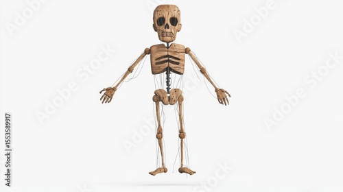 A detailed skeleton model showcasing human anatomy with movable joints and realistic features on a plain background.