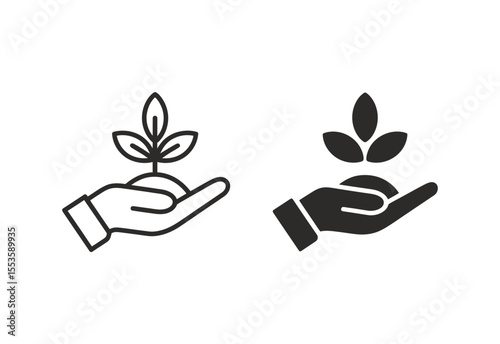 Two icons of a hand holding a sprouting plant one outline and one solid silhouette