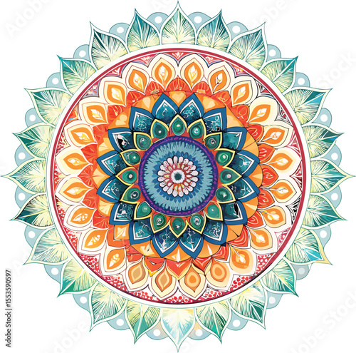 Vibrant Mandala: A complex mandala radiates harmony through its rich colors and intricate geometric pattern, inviting the viewer to center and reflect in this artistic representation of unity.