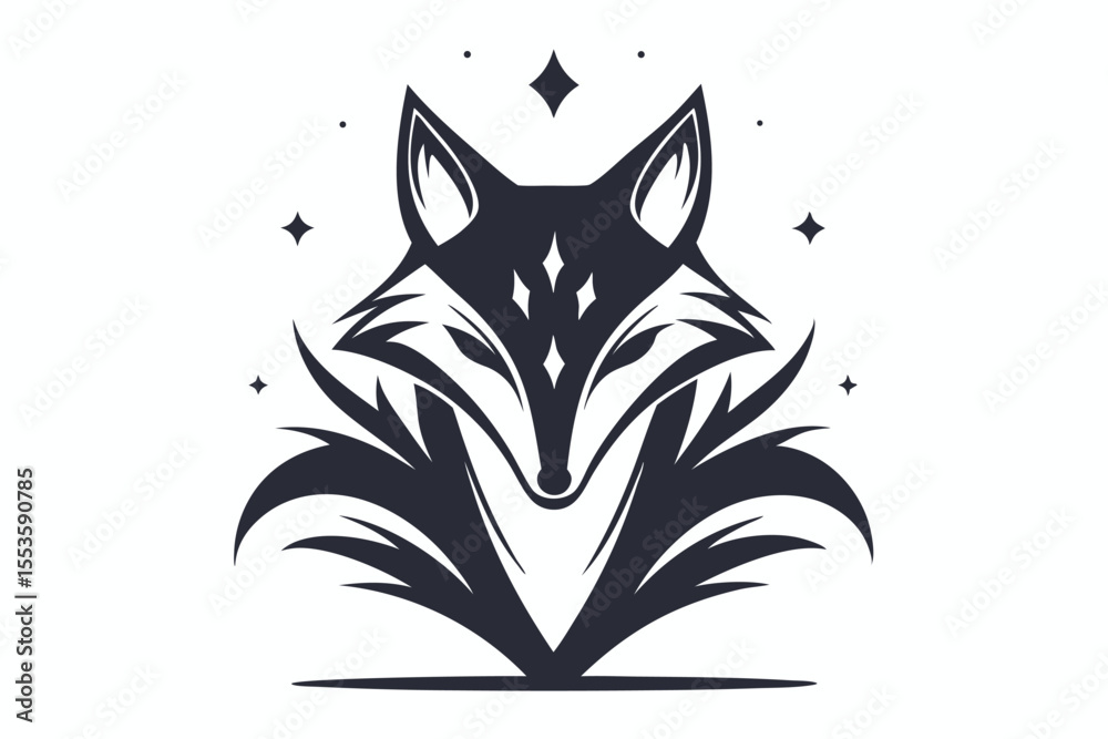 Obraz premium Stylish fox crest emblem radiates elegance amid sparkling stars on the white backdrop