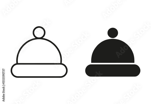 Simple outline and solid black icon of a winter hat with a pom pom