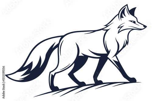 A stylized fox elegantly strides, showcasing distinct monochrome fur patterns in simple line art
