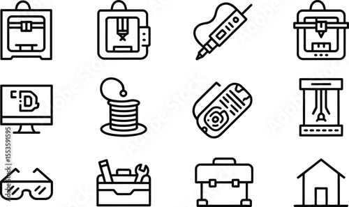 3D Printing and Technology Icons Including Printer, Tools, and Equipment for Innovation Design