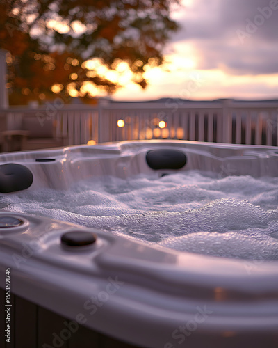 Relaxing hot tub bubbles at sunset, outdoor spa, autumn leaves.
