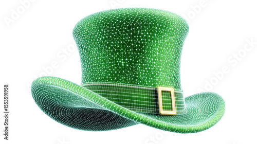 This vibrant green top hat features a geometric grid design and a shiny gold buckle, ideal for festive celebrations or playful costume accessories, creating a lively atmosphere for parties.