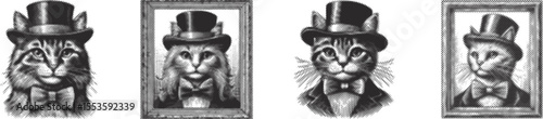 Halftone stipple bundle design featuring female cat wearing top hat and bow tie, black engraving style, detailed vintage illustration, classic fashion accessory, elegant animal portrait art