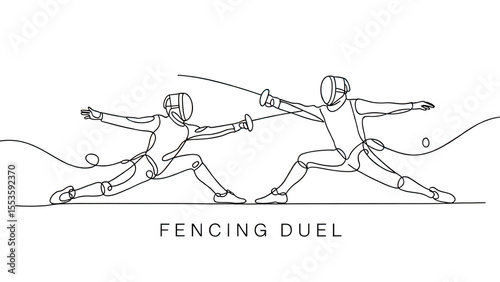 Two fencers engaged in a dynamic duel captured in a single line drawing