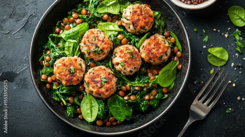 Healthy balanced plate with turkey meatballs, spinach, and lentils, nutrition and wellness concept generative ai