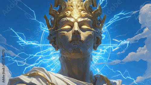 Majestic futuristic statue with glowing electric crown radiates raw power and mystery, anime style. Surrounded by bursts of lightning futuristic statue appears like divine being from another dimension