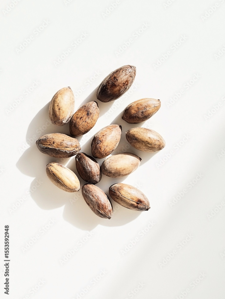 Obraz premium A group of raw cocoa beans scattered on a white surface cacao seeds organic