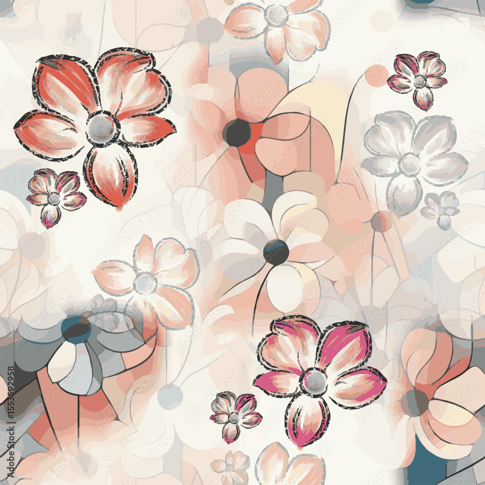 hand made photoshop with tablet, Seamless pattern, artistic floral illustrations in a modern, expressive style. Ideal for textile design, decoration, backgrounds, and graphic elements