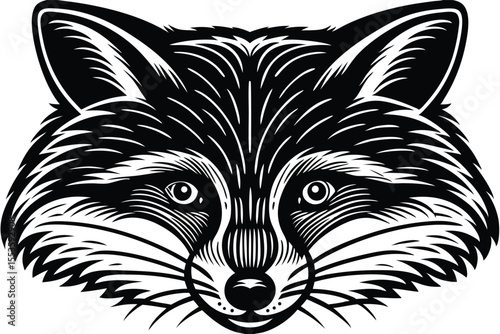 A striking monochrome fox head stares directly forward with piercing eyes and detailed fur