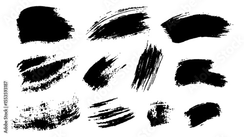 Black brushstrokes on a white background. A collection of various black abstract brush strokes on a white backgroun.  perfect for adding an artistic touch to designs, websites, or social media posts.