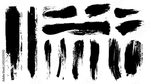 Black brushstrokes on a white background. A collection of various black abstract brush strokes on a white backgroun.  perfect for adding an artistic touch to designs, websites, or social media posts.