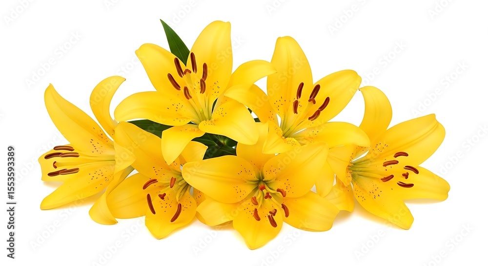 Obraz premium Vibrant Yellow Lilies Cluster Closeup Bright Floral Bouquet Yellow Flower Petals Stamens White Background
