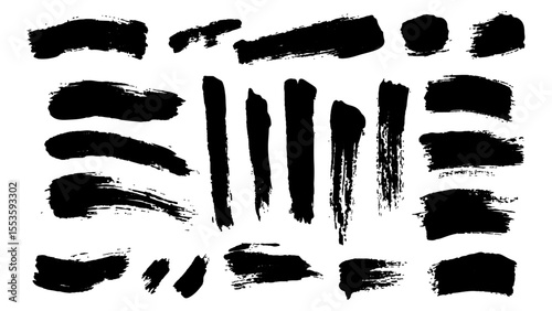 Black brushstrokes on a white background. A collection of various black abstract brush strokes on a white backgroun.  perfect for adding an artistic touch to designs, websites, or social media posts.
