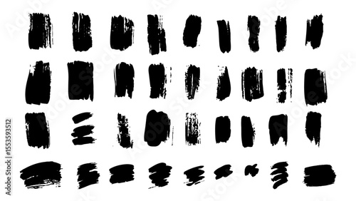 Black brushstrokes on a white background. A collection of various black abstract brush strokes on a white backgroun.  perfect for adding an artistic touch to designs, websites, or social media posts.