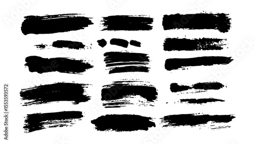 Black brushstrokes on a white background. A collection of various black abstract brush strokes on a white backgroun.  perfect for adding an artistic touch to designs, websites, or social media posts.