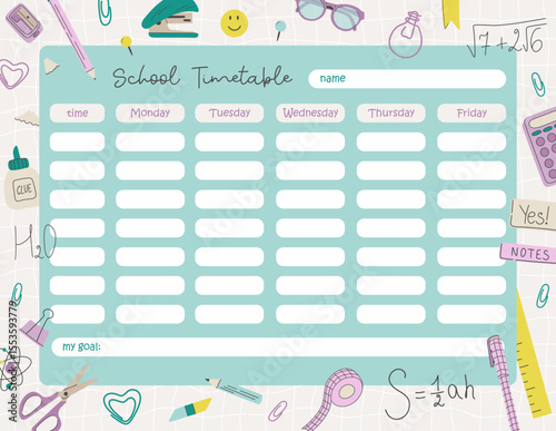 School timetable for kids, printable school schedule for children. Weekly planner for elementary school pupils. Schedule design template with different stationery on a grid backdrop.
