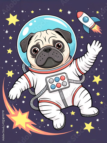 Cute pug astronaut floating in space with stars and rocket