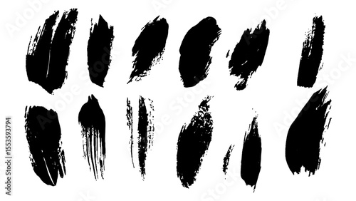 Black brushstrokes on a white background. A collection of various black abstract brush strokes on a white backgroun.  perfect for adding an artistic touch to designs, websites, or social media posts.