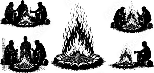 Collection of Campfire Silhouettes with Flames and Logs
