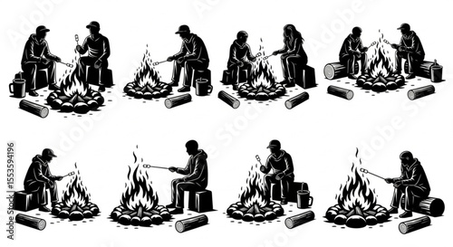 Collection of Campfire Silhouettes with Flames and Logs
