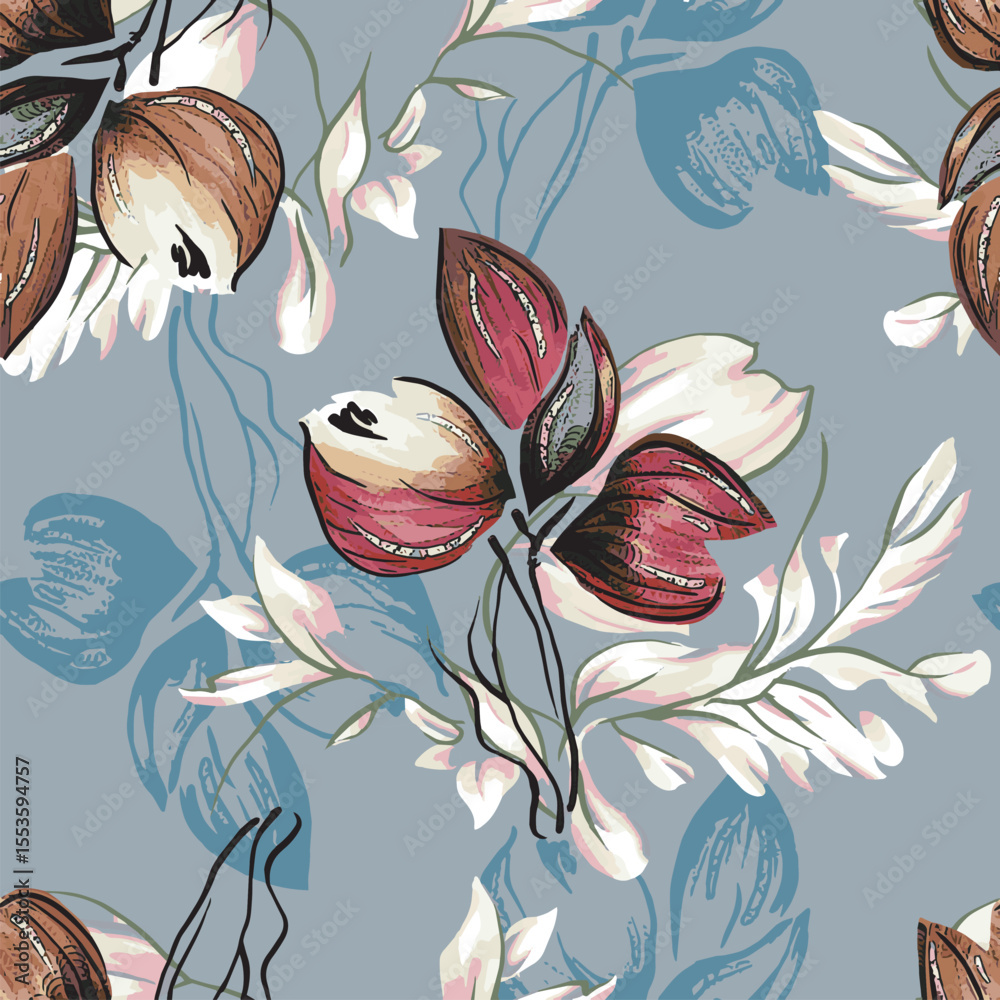 hand made photoshop with tablet, Seamless pattern, artistic floral illustrations in a modern, expressive style. Ideal for textile design, decoration, backgrounds, and graphic elements